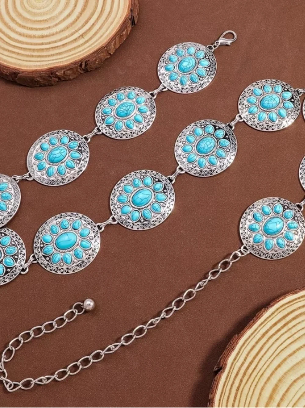 WESTERN Round Concho Faux Turquoise Chain Belt